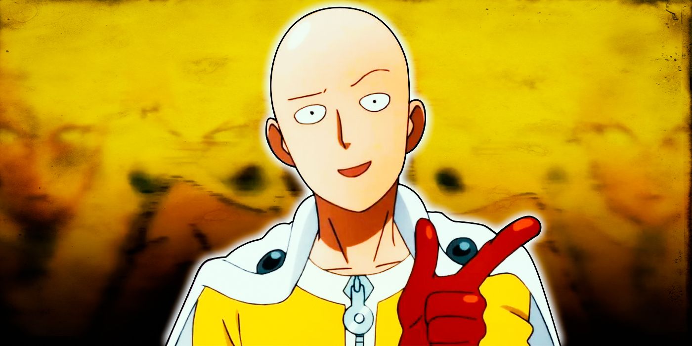 One-Punch Man's anime version of Saitama smiling and gesturing with his finger