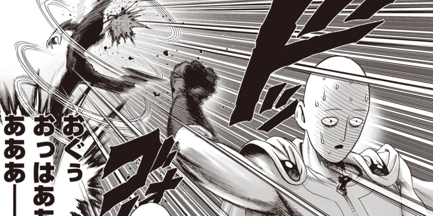 Saitama backhanding Garou away in the One-Punch Man manga.