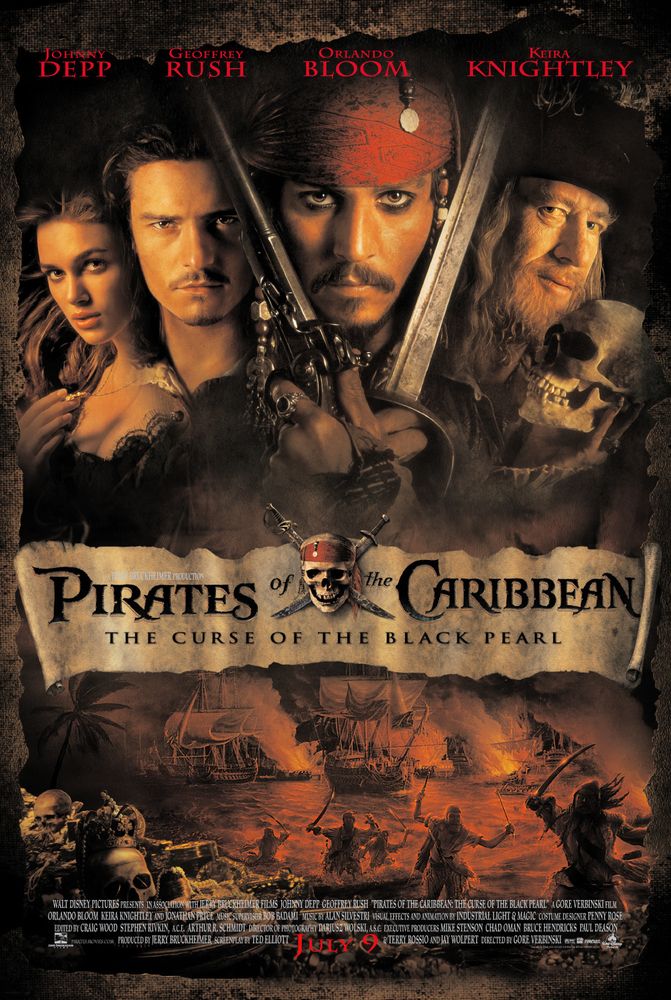 Johnny Depp, Geoffrey Rush, Orlando Bloom e Keira Knightley em Piratas do Caribe: A Maldição do Pérola Negra (2003)