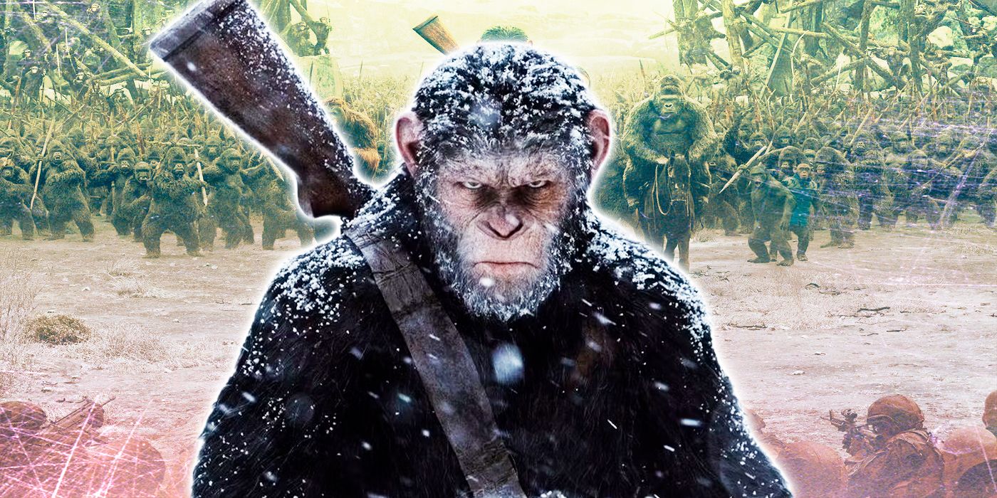 Caesar in front of a battle between Apes and Humans in Planet Of The Apes franchise.