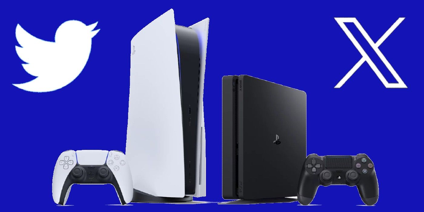 A PS4 and PS5 in front of a blue background with the Twitter and X logos