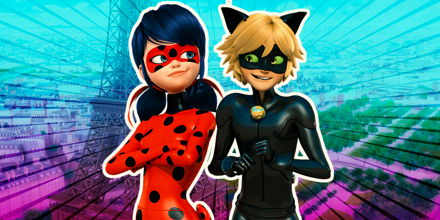 Custom Image of Ladybug crossing her arms & a mischeavous Cat Noir with the Eiffel Tower in the background.