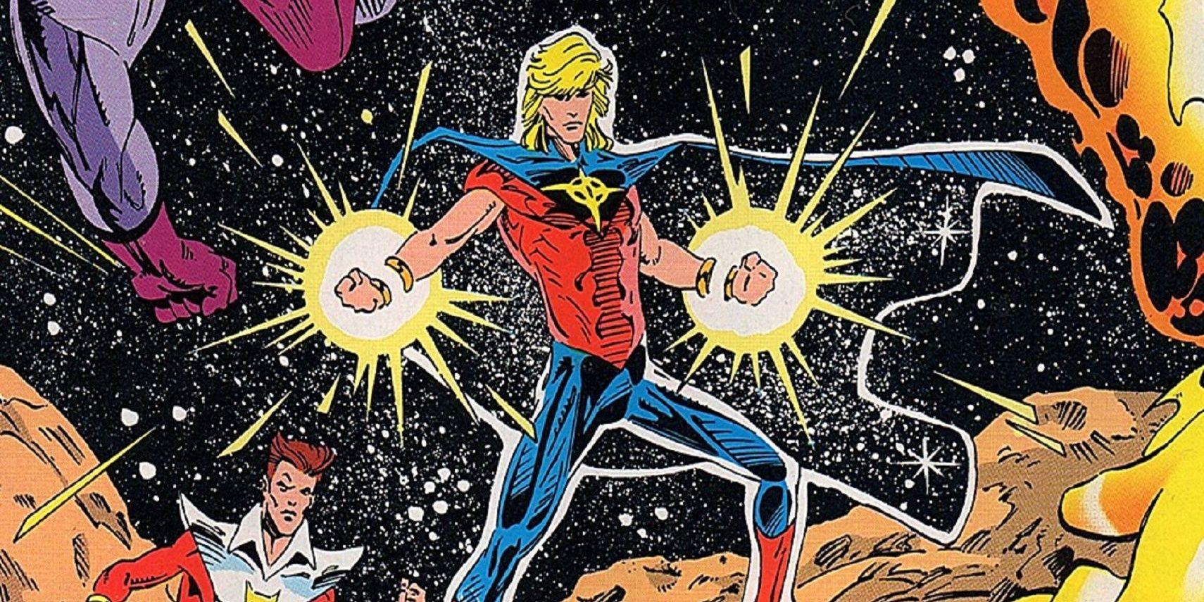 Quasar fighting off his enemies in outer space in Marvel Comics