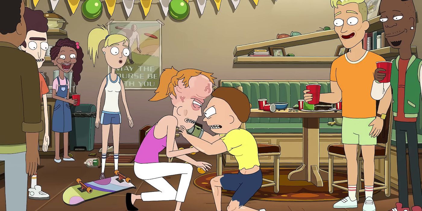 Morty and Summer wrestle in Rick and Morty 