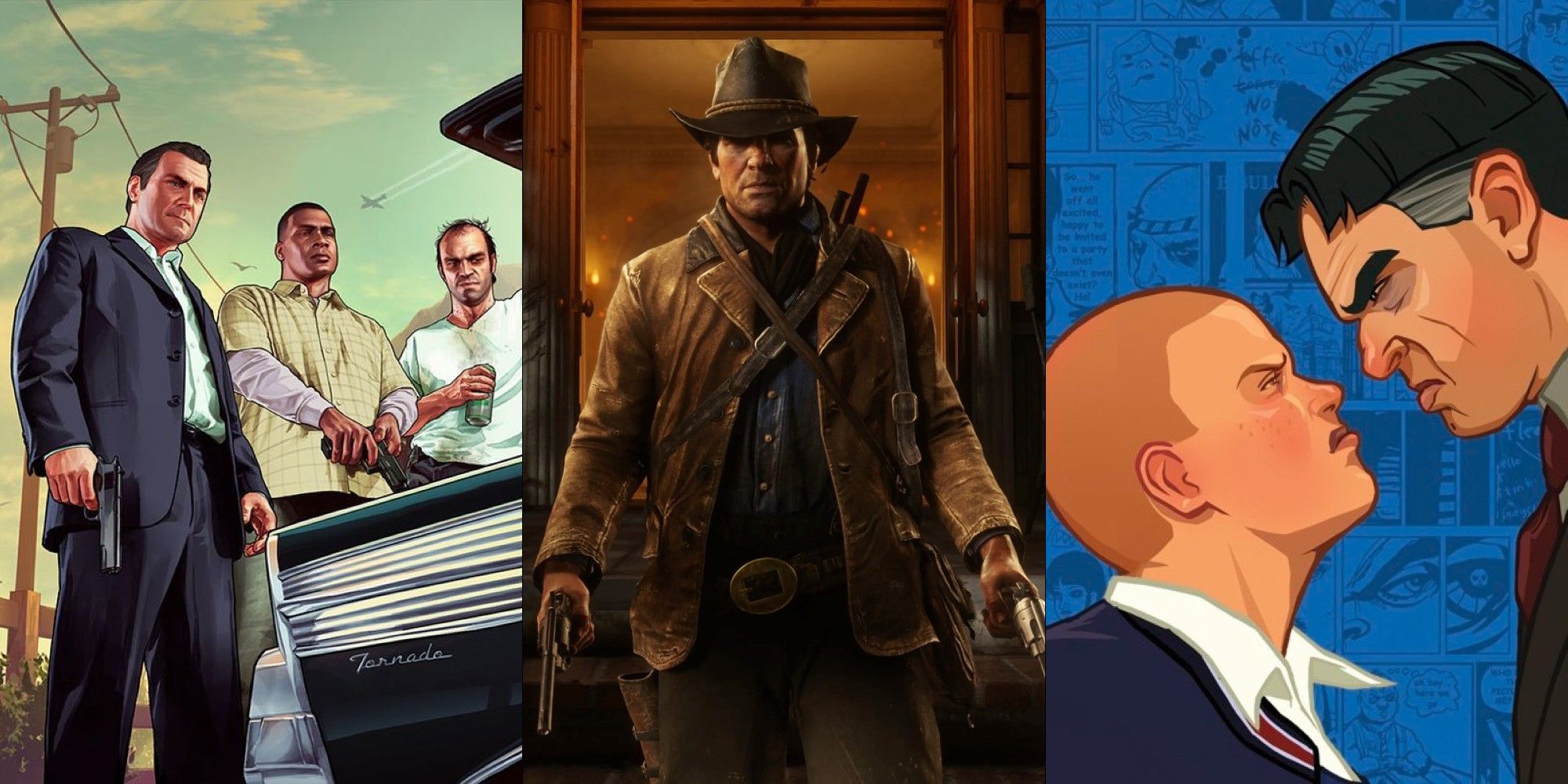 A split image featuring GTA V, Red Dead Redemption 2, and Bully of Rockstar Games
