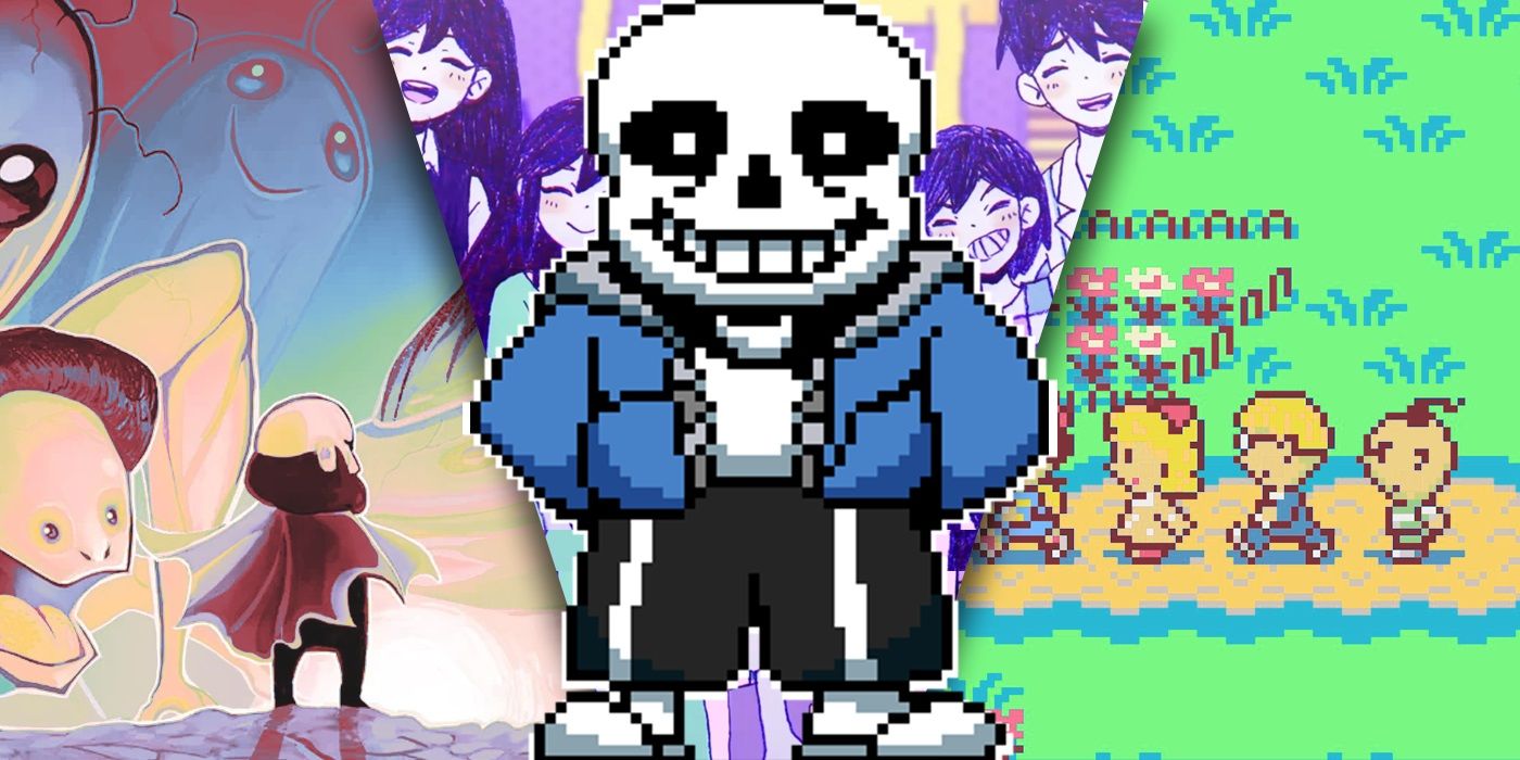 A split image of Sans from Undertale with Omaru, Lisa: The Painful, and EarthBound in the background
