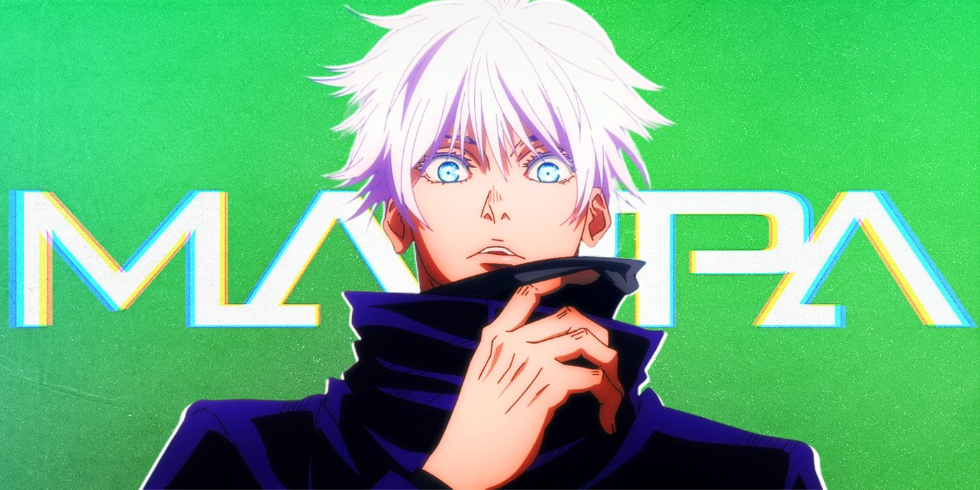 Satoru Gojo from Jujutsu Kaisen with a threatening look in front of MAPPA logo