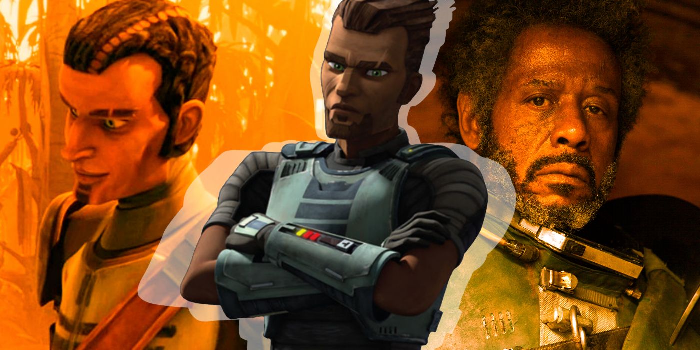 Three different versions of the extremist rebel fighter Saw Gerrera from Star Wars: from The Clone Wars, The Bad Batch, and Rogue One