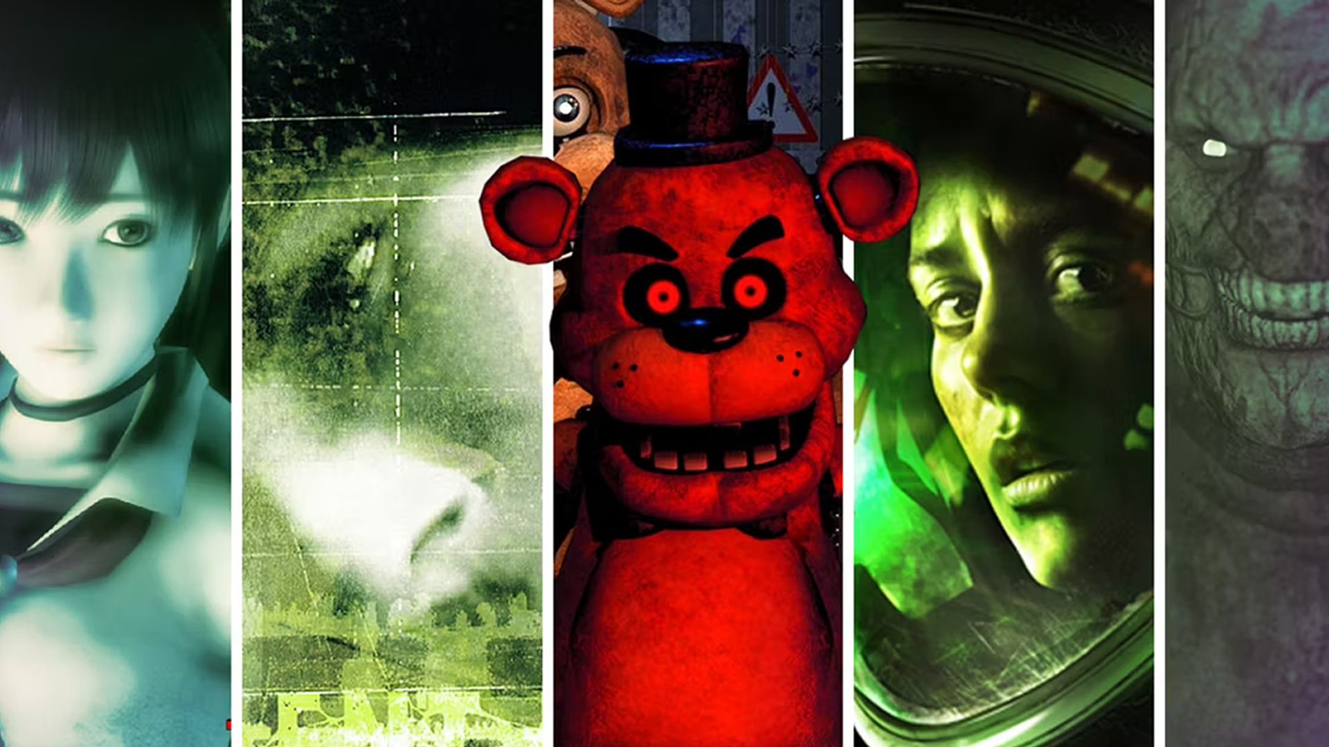 A split image of art from scary games including Five Nights at Freddy's and Alien Isolation