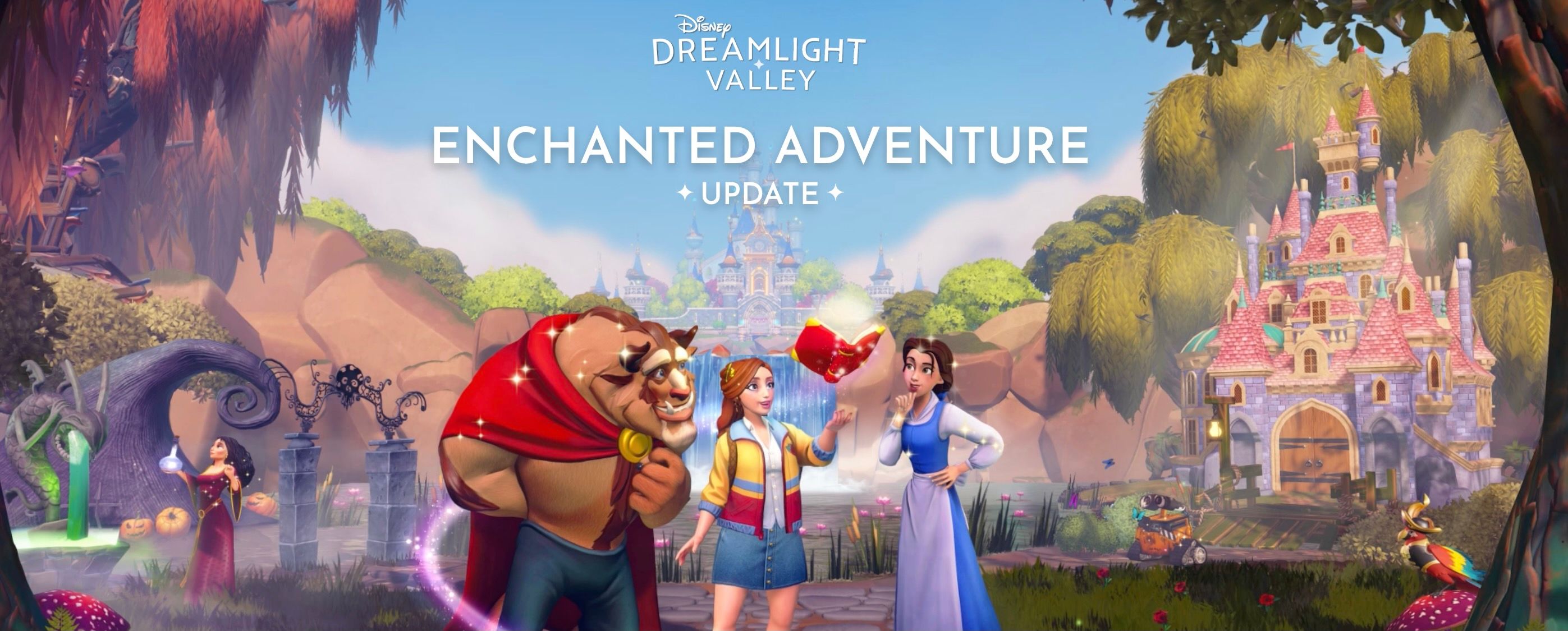 Beast and Belle with a player avatar on Disney Dreamlight Valley promotional artwork.