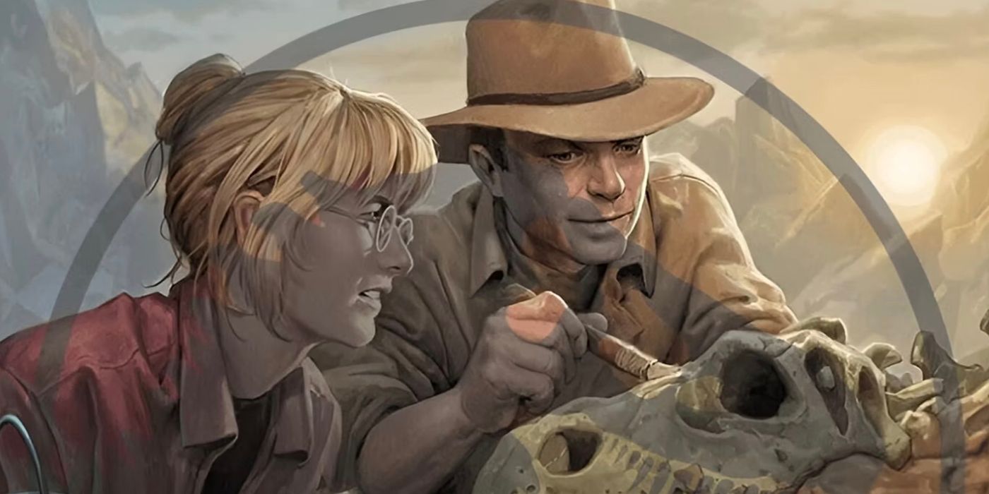 Magic The Gathering's The Lost Caverns of Ixalan Jurassic World crossover, Ellie and Alan card.