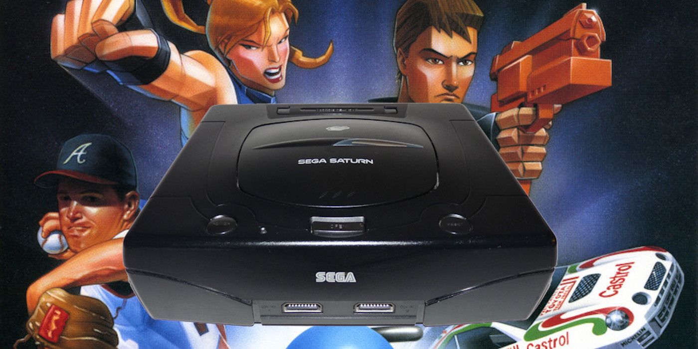 A Sega Saturn console in front of various Sega characters