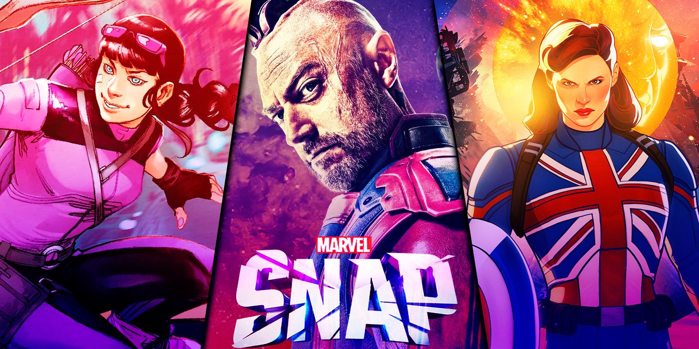 A split image of Captain Carter, Kate Bishop, and Kraglin from the MCU behind the Marvel Snap logo
