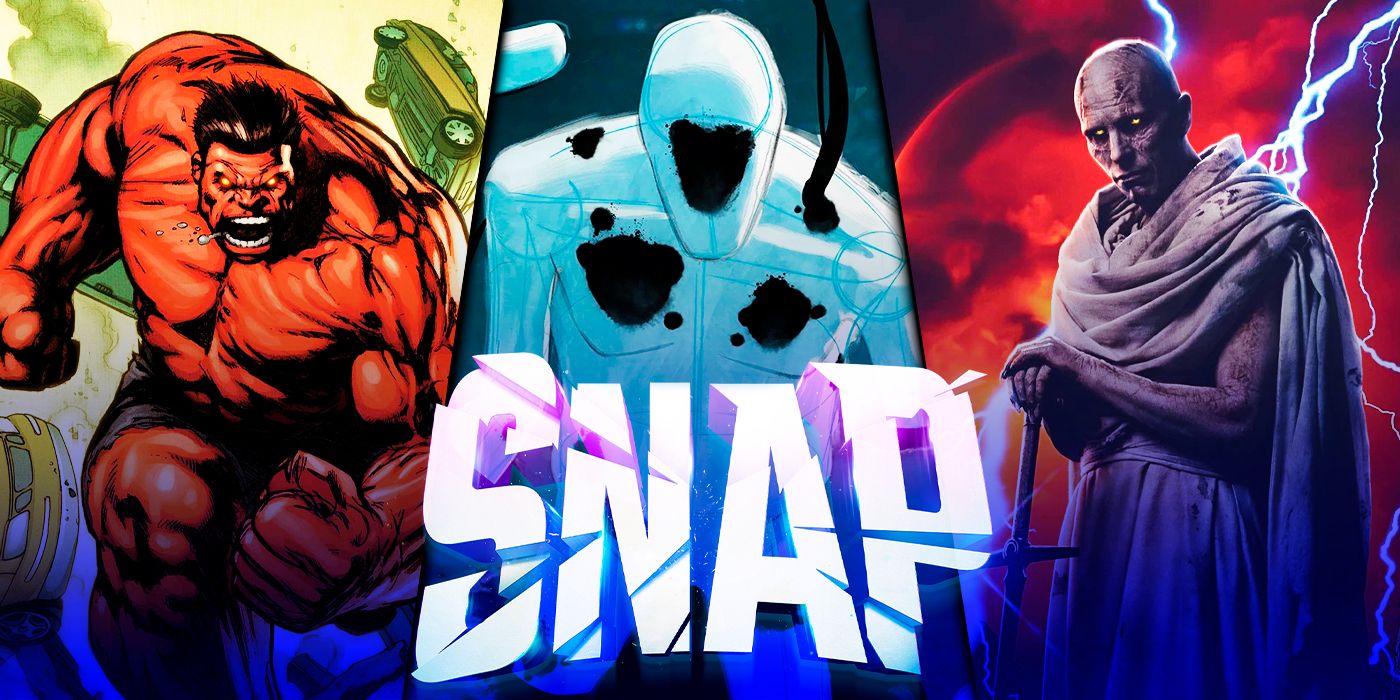 A split image of Red Hulk, The Spot, and Gorr the God-Butcher behind the Marvel Snap logo