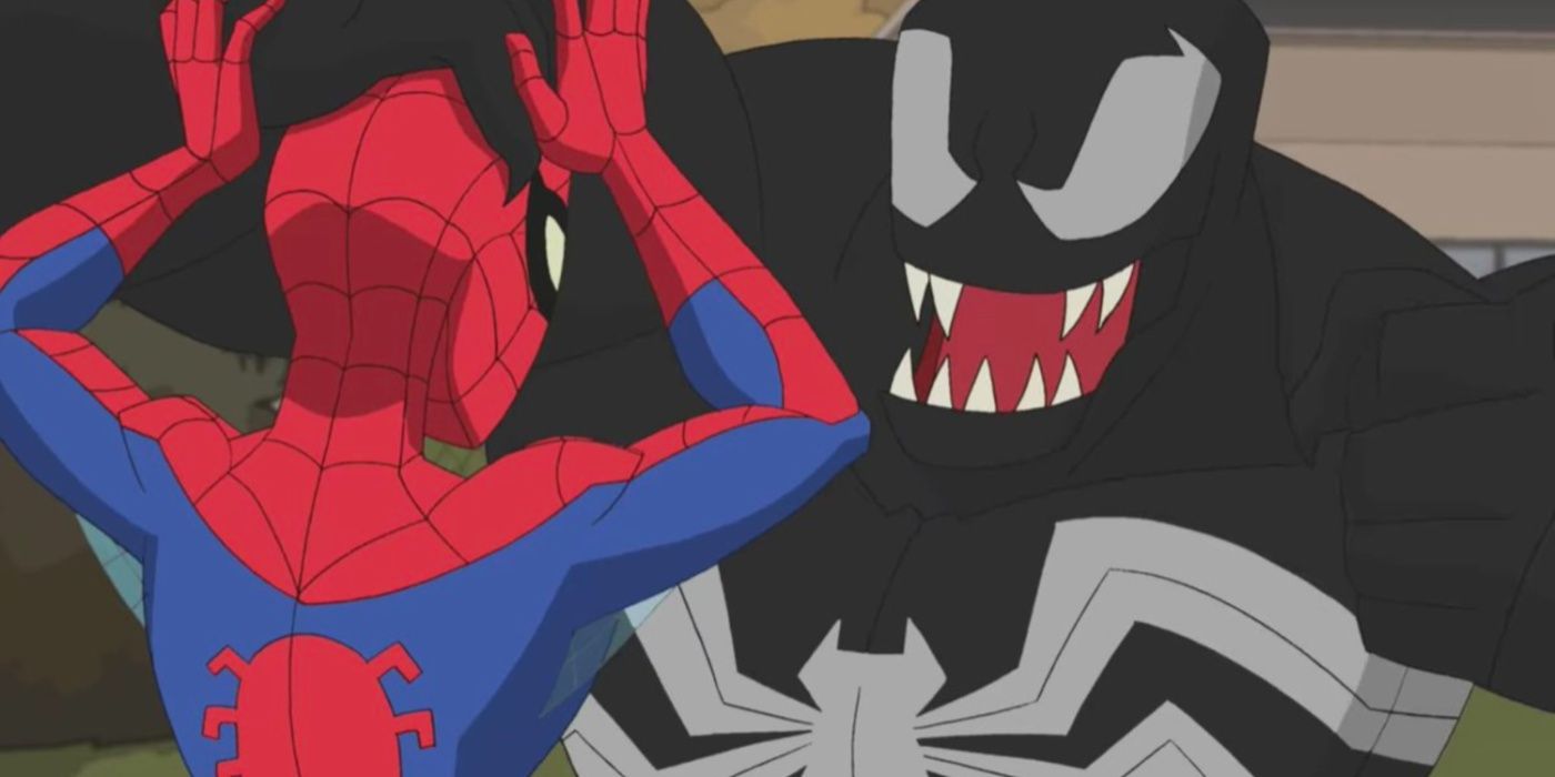 Spider-Man and Venom fighting in The Spectacular Spider-Man series.