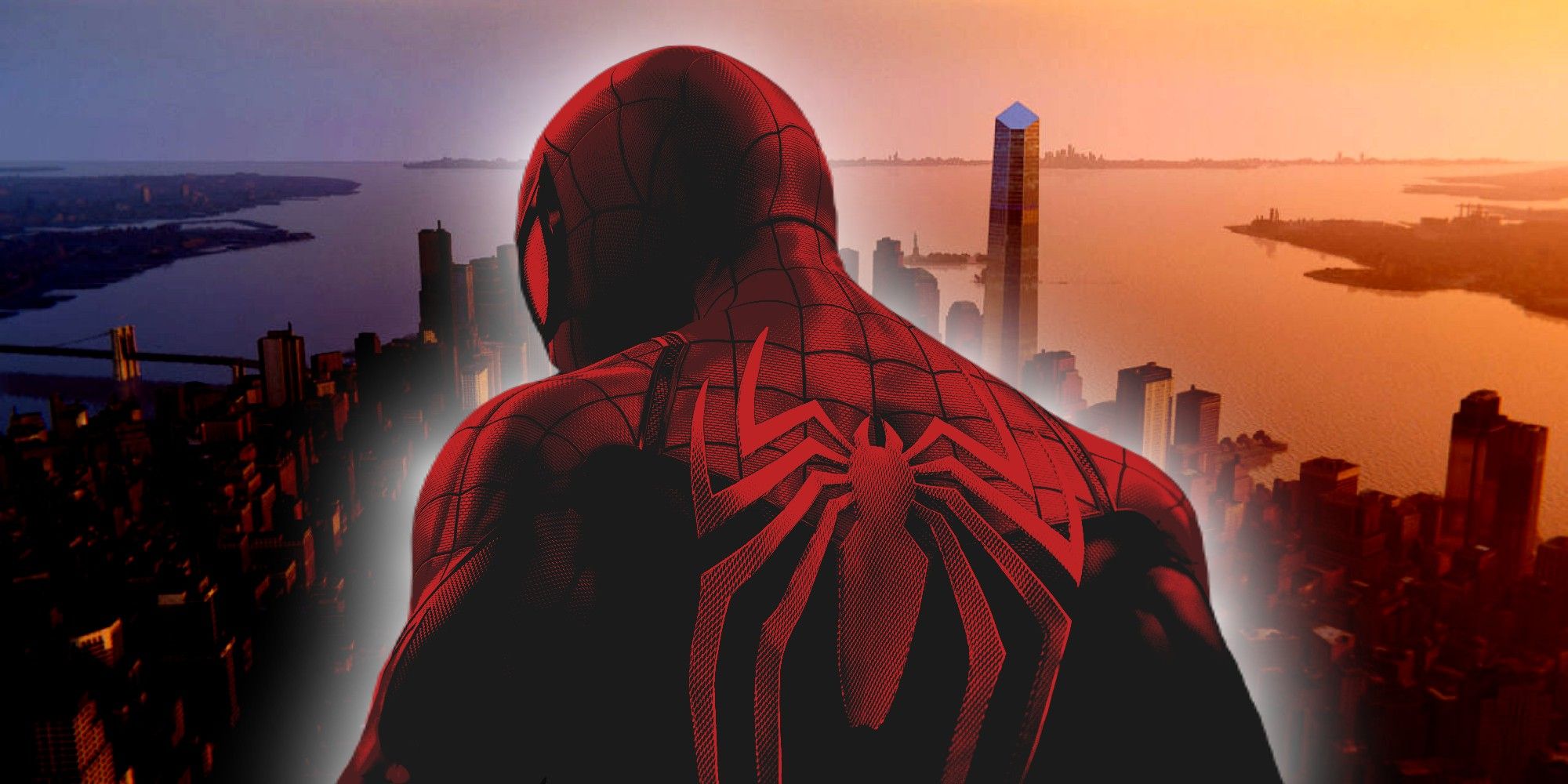 A portrait of Spider-Man looking over his shoulder against the New York City skyline