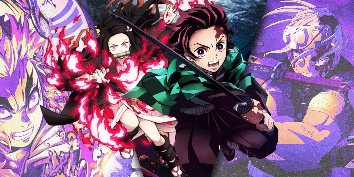 Demon Slayer anime collage featuring Tanjiro and Nezuko in fighting poses in the center