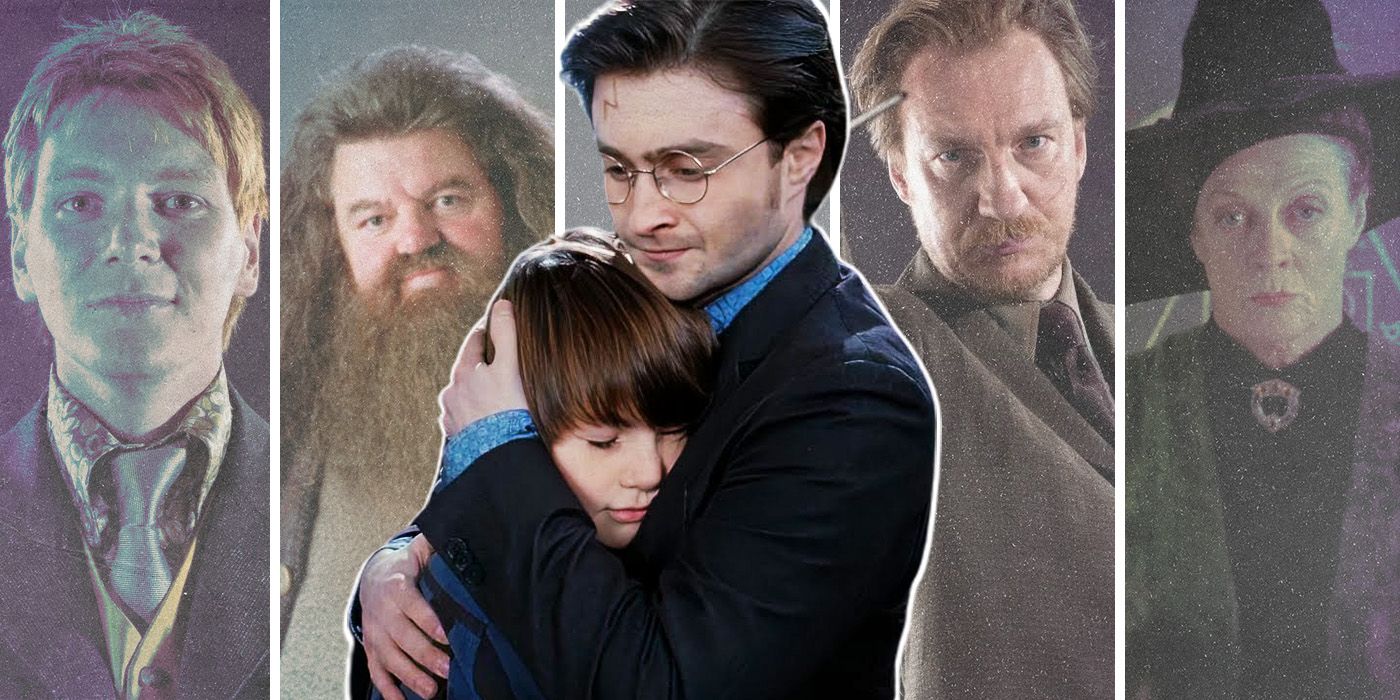 Split images of Harry, Albus Potter, Fred, Hagrid, Lupin and Mc Gonnagal