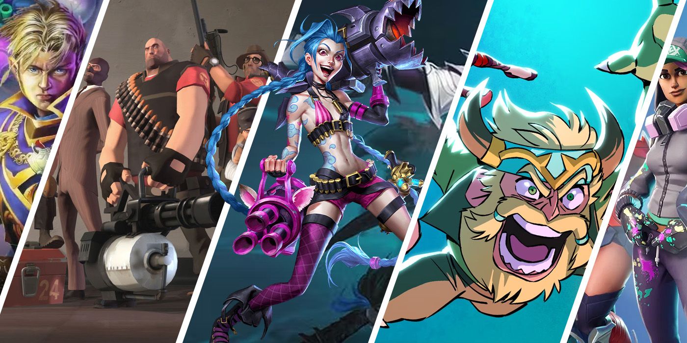 Split Images of Hearthstone, Team Fortress 2, League of Legends, Brawlhalla, and Fortnite