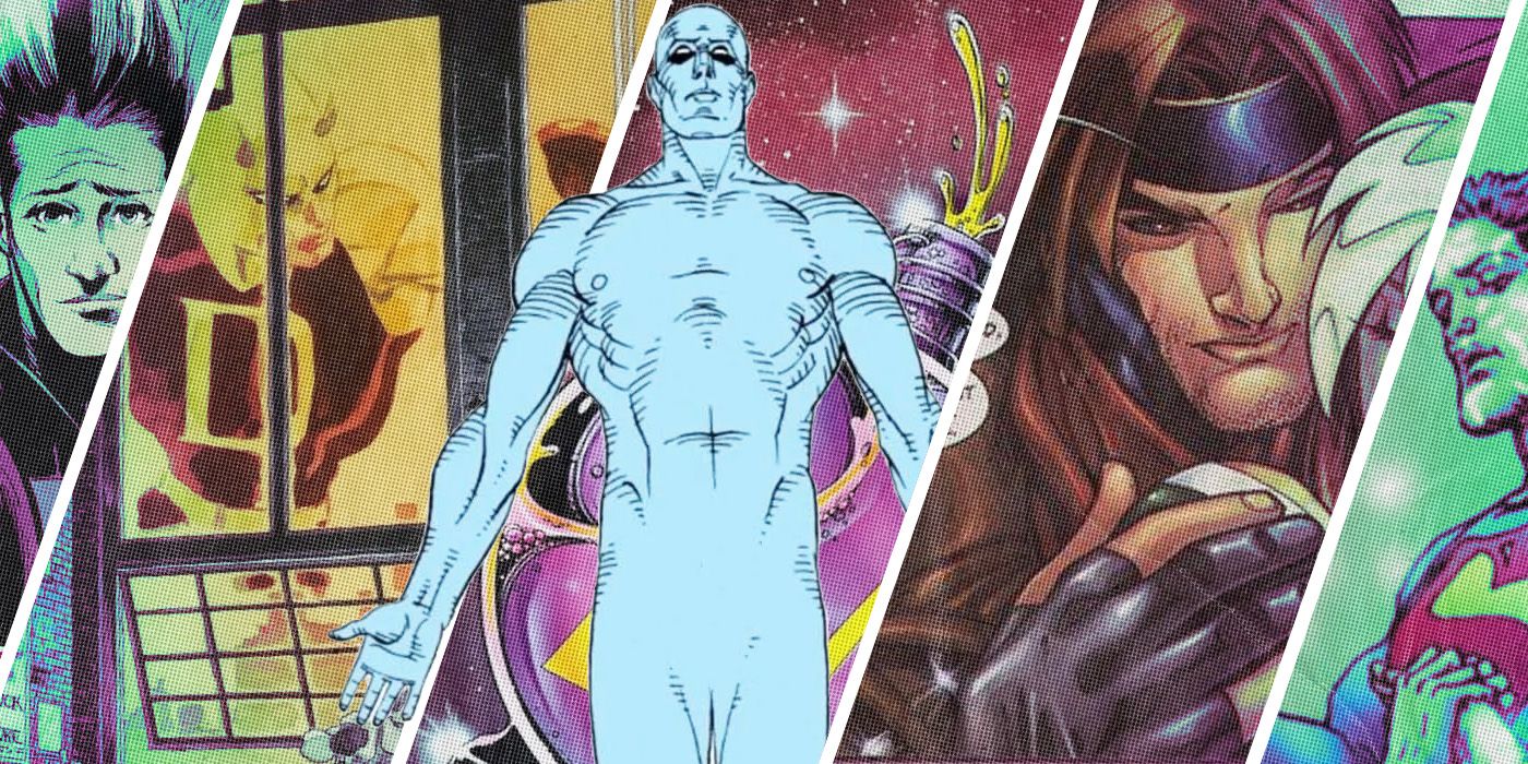 Split Images of Legion, Daredevil, Dr Manhattan, Gambit, and Superman