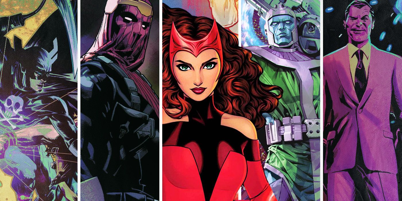 Split Image of Marvel Villains Grim Reaper, Zemo, Scarlet Witch, Kang, and Norman Osborn
