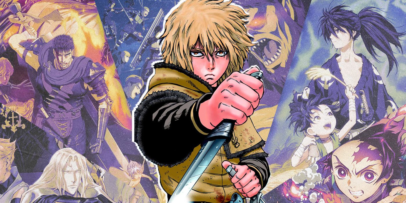 Split Images of Vinland Saga, Attack on Titan, Castlevania, Berserk, Demon Slayer, and Dororo