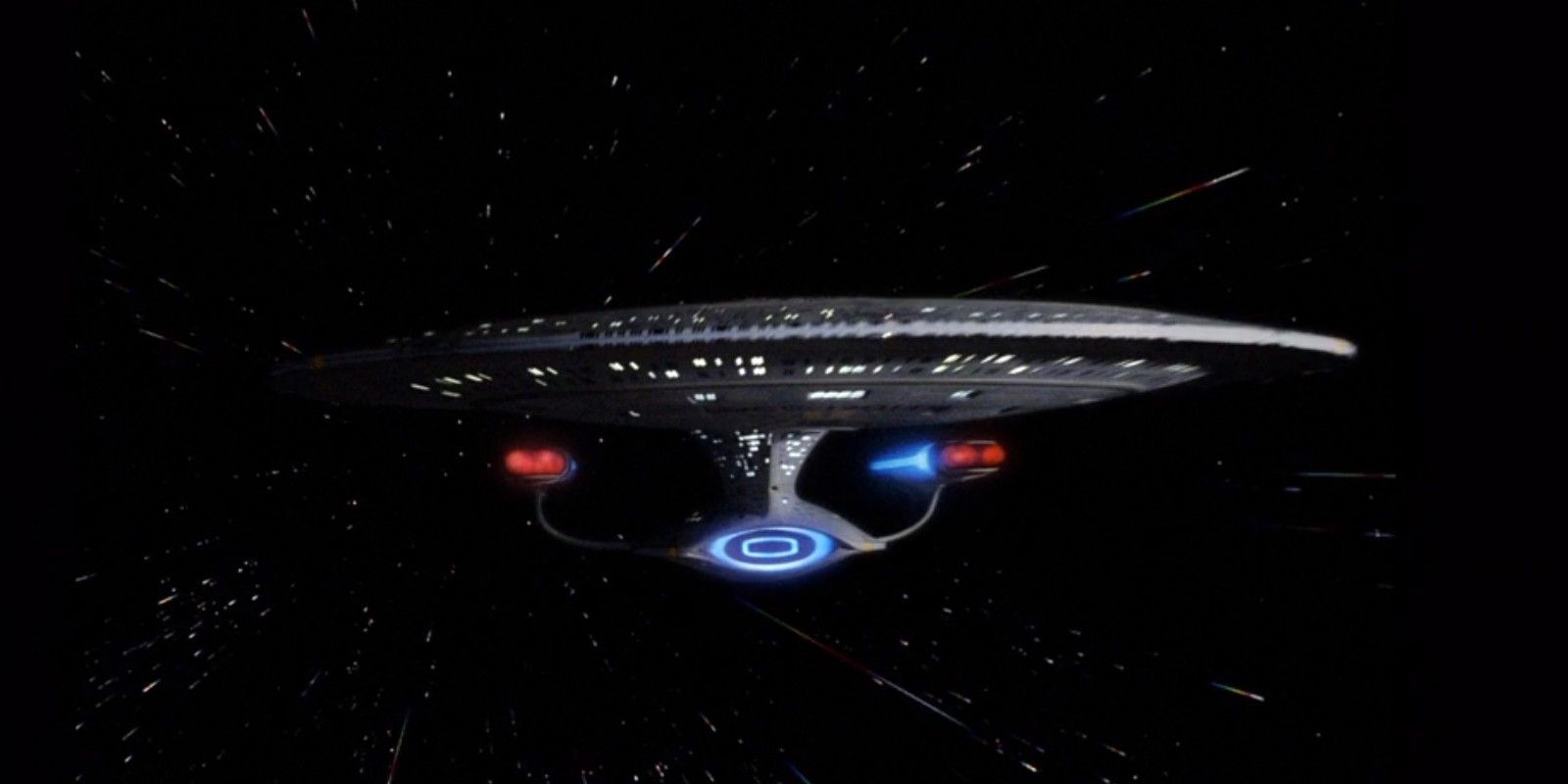 The Enterprise D traveling at warp speed on Star Trek: The Next Generation