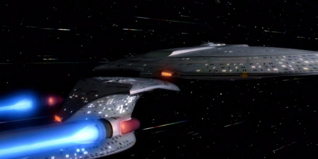 The USS Enterprise D separates from its saucer section on Star Trek: The Next Generation, Encounter at Farpoint