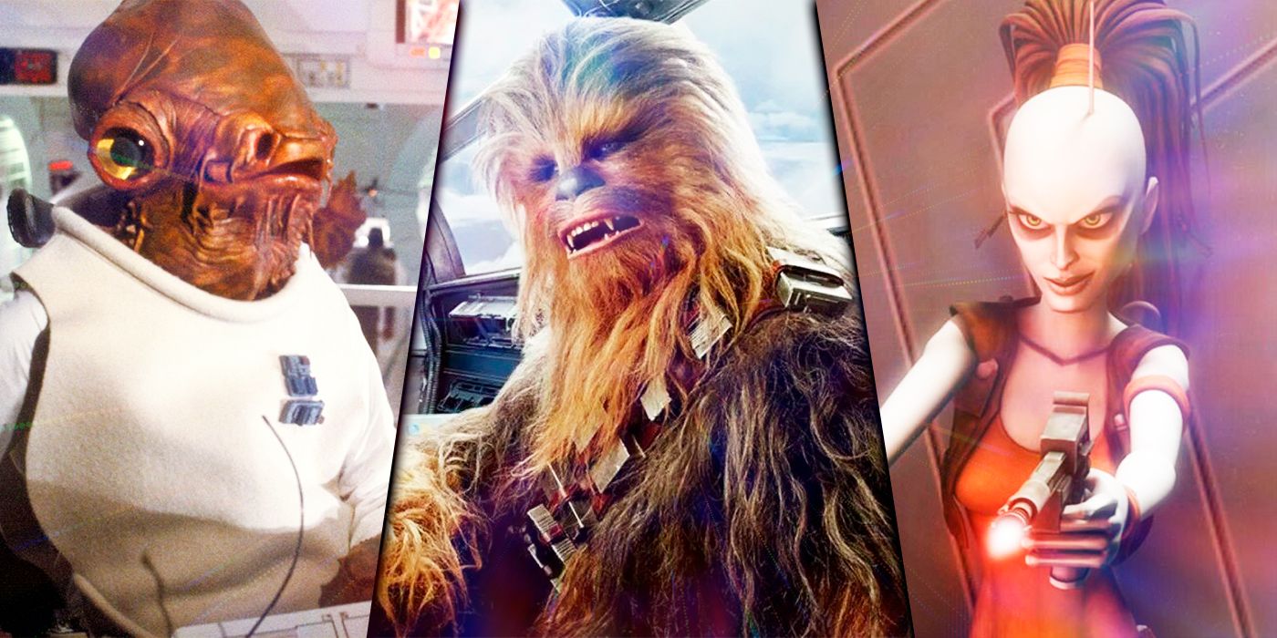 Split screen with Star Wars's Chewbacca, Aurra Sing and Admiral Ackbar