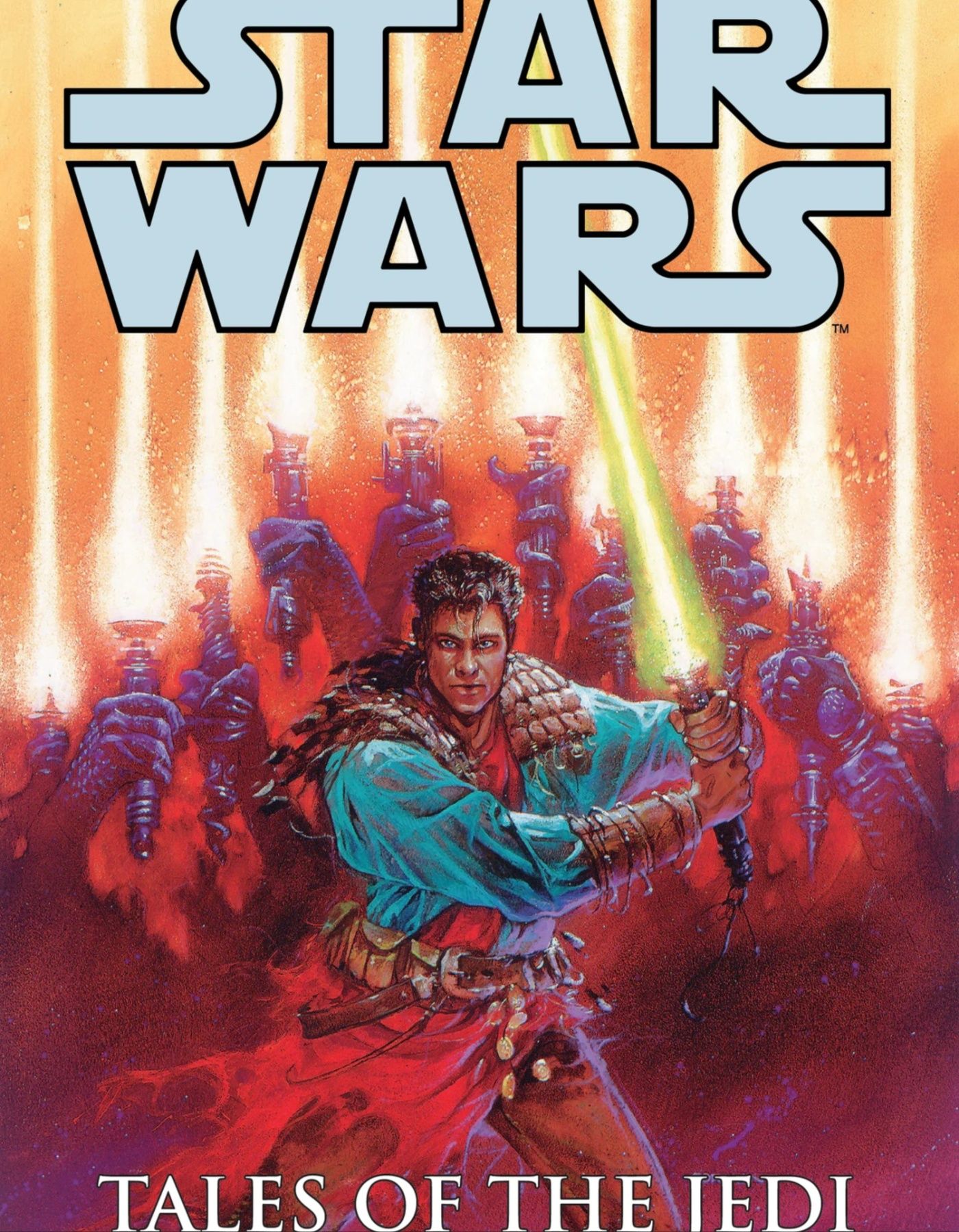 Ulic Qel-Droma empunha seu sabre de luz verde na capa de Star Wars: Tales of the Jedi.