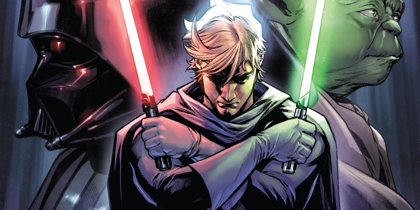 Luke Skywalker holds green and red lightsabers in front of Vader and Yoda.