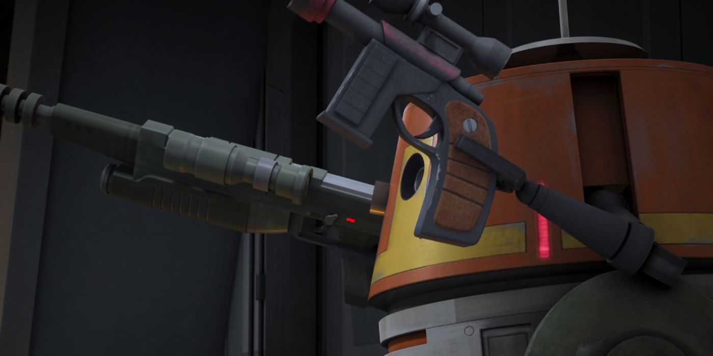 Chopper wields two blasters on the Star Wars Rebels episode, Brothers of the Broken Horn.