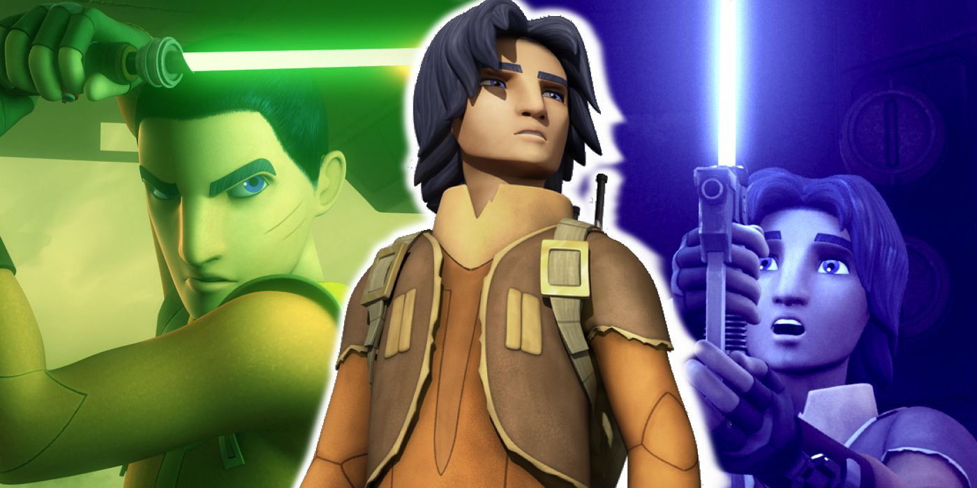 A collage of images of Ezra Bridger from Star Wars Rebels, with his first two lightsabers.
