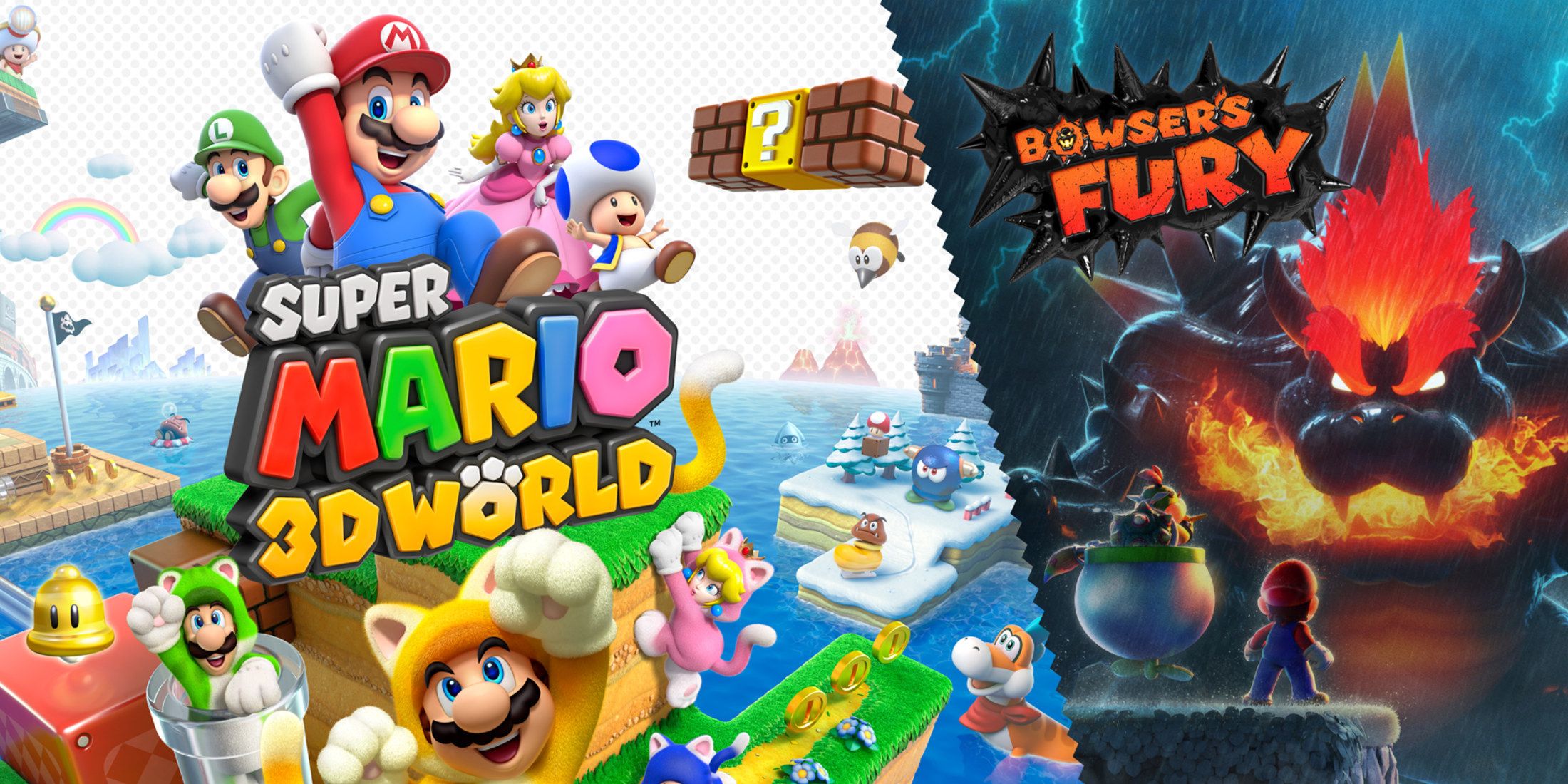 Cover art for Super Mario 3D World + Bowser's Fury featuring Mario, Peach, Luigi, Toad as well as Fury Bowser