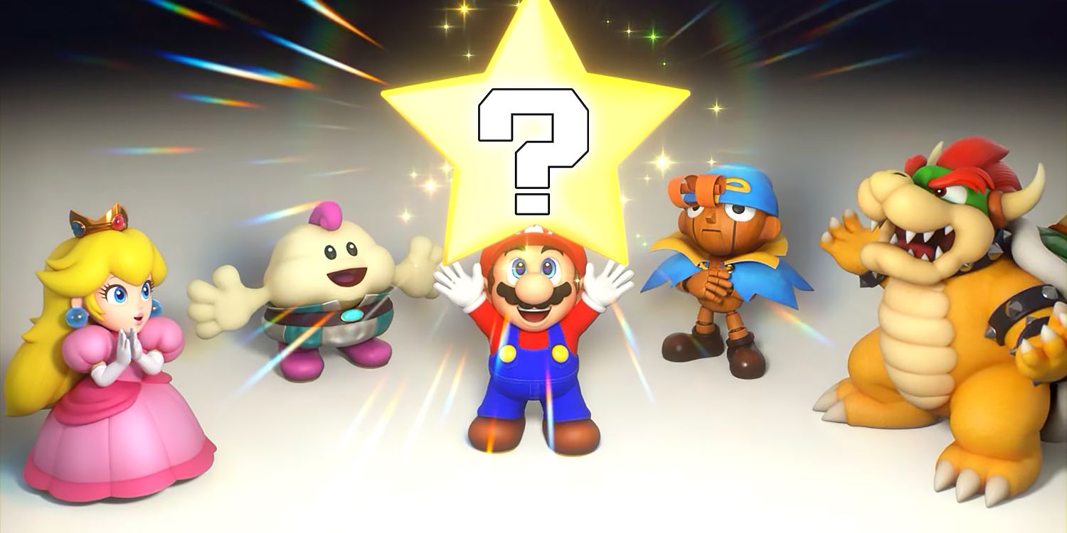 Super Mario RPG party members with Mario holding a question mark star