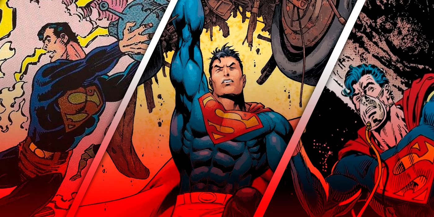 A split image of Superman destroying machinery, hefting cars, and flying in space in DC Comics