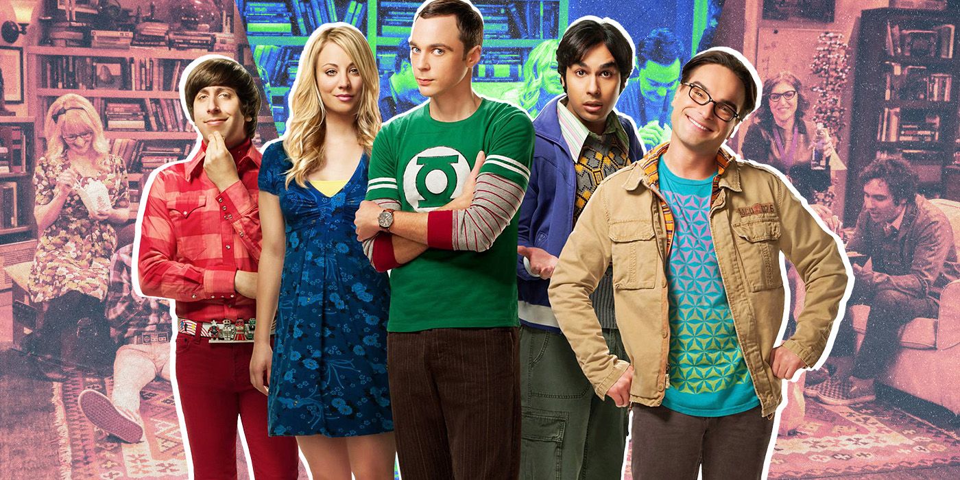 The Big Bang Theory cast imposed over a scene of everyone in the living room in the show