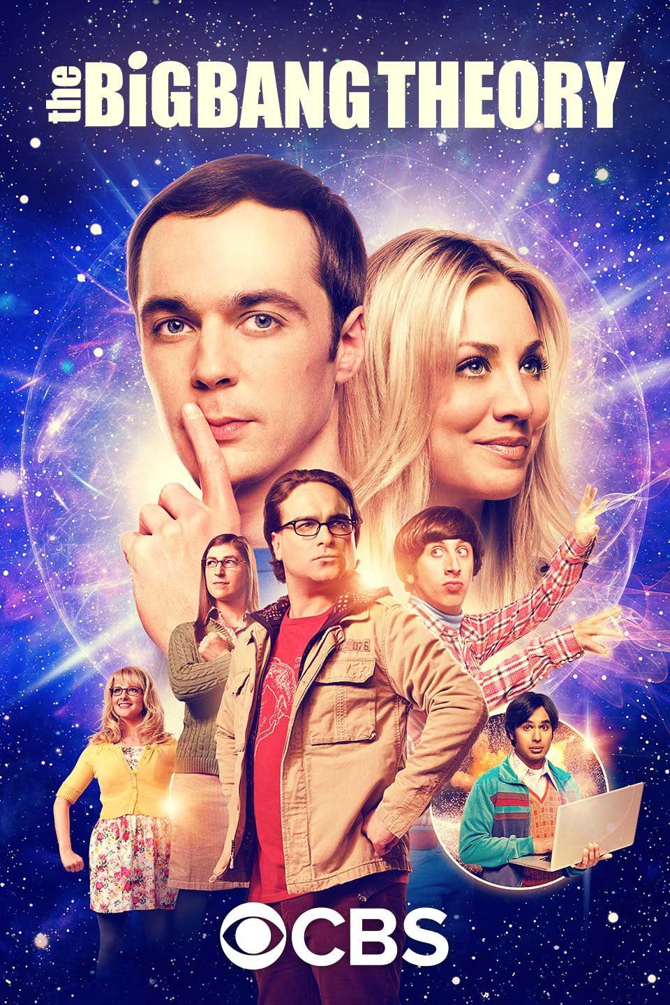 The Big Bang Theory Poster with Penny and Sheldon at the center and the rest of the cast in various poses.
