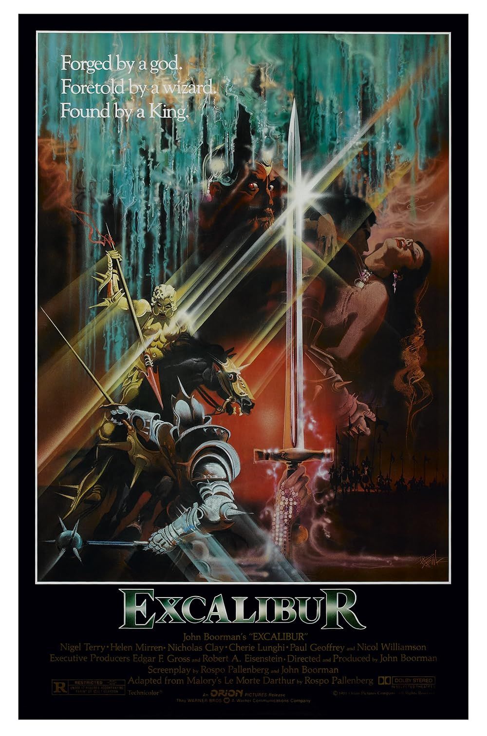 El reparto y escenas de Excalibur en el cartel de la película