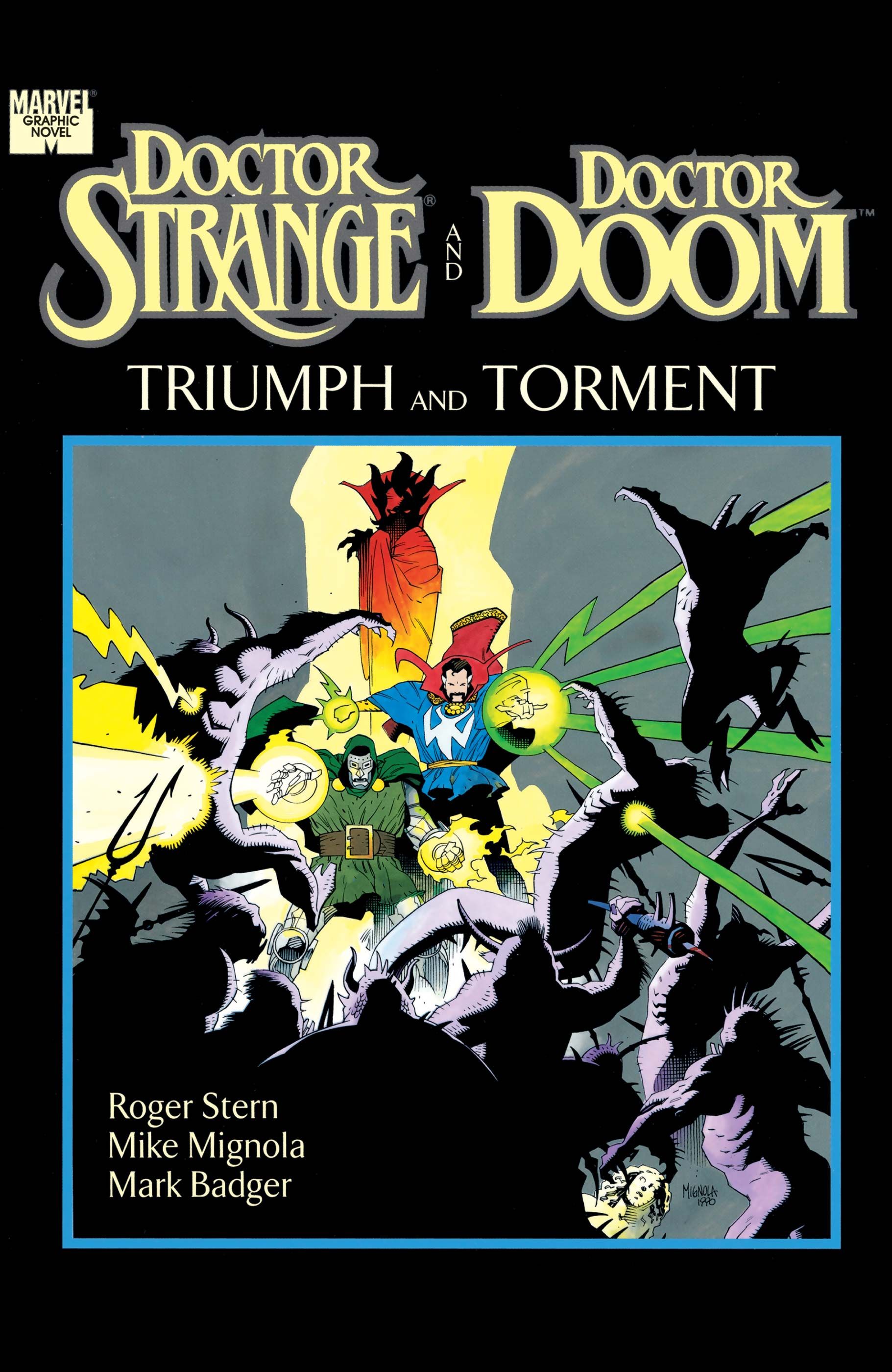 The cast fights on the cover of Doctor Strange and Doctor Doom Triumph and Torment