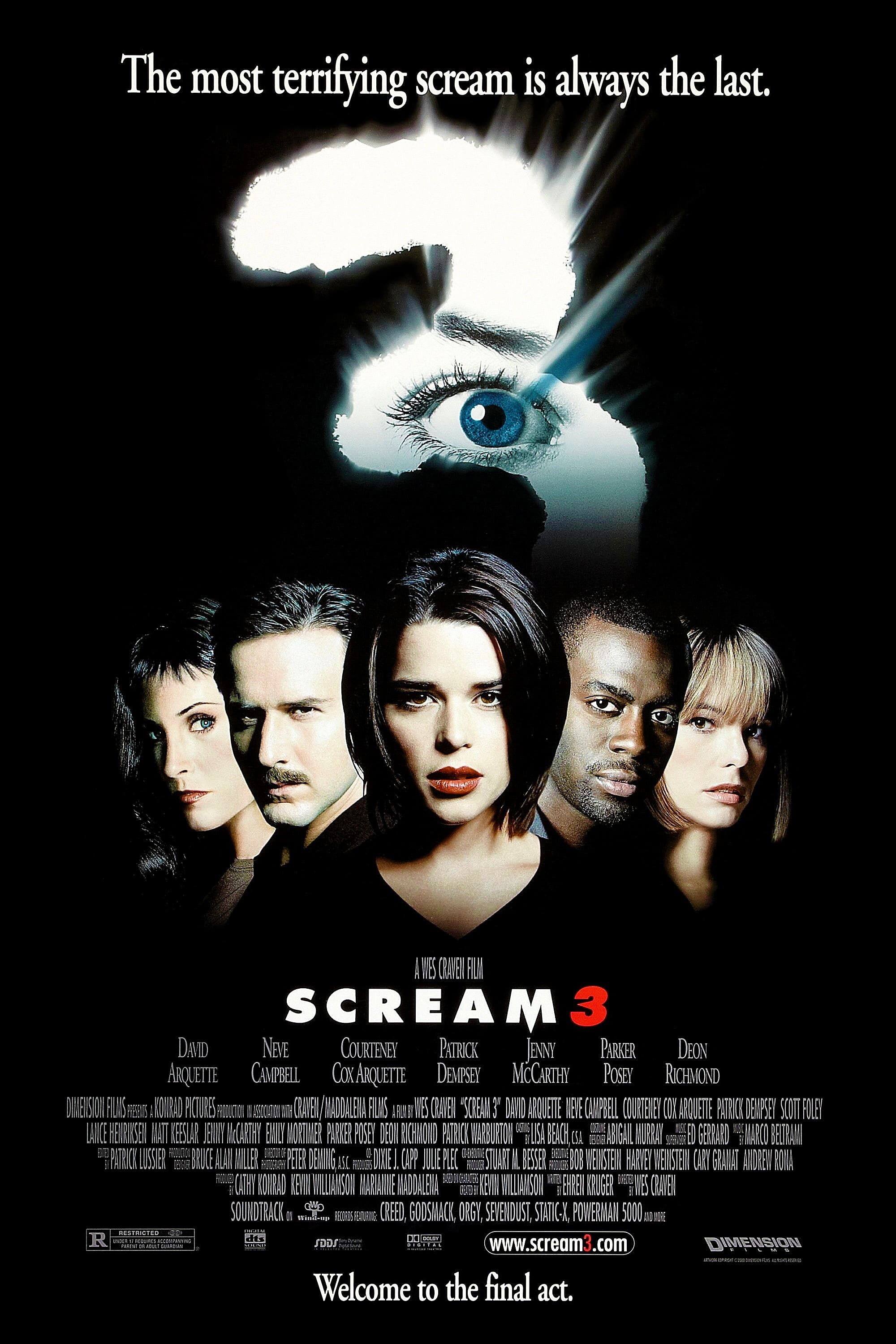 The cast of Scream 3 is depicted on the movie's poster, including Neve Campbell as Sidney Prescott, David Arquette as Dewey Riley and Courtney Cox as Gale Weathers.