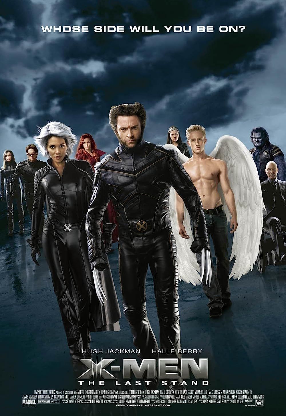 The cast lead by Wolverine and Storm walk towards the camera in front of a stormy sky on the X-Men The Last Stand Poster