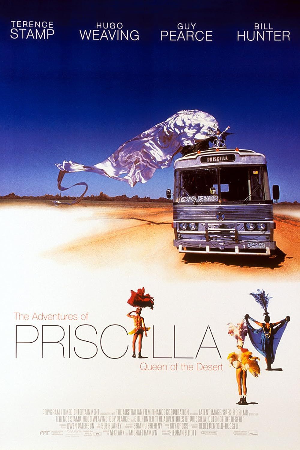 The main cast and their bus from the Adventure of Priscilla, Queen of the Desert
