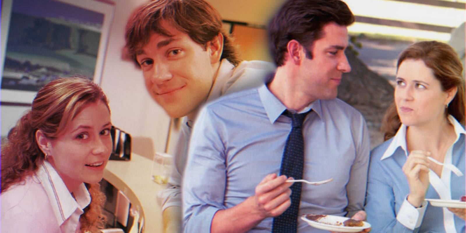 Image of Jim and Pam from The Office Season 1 alongside image of Jim and Pam from Season 8.