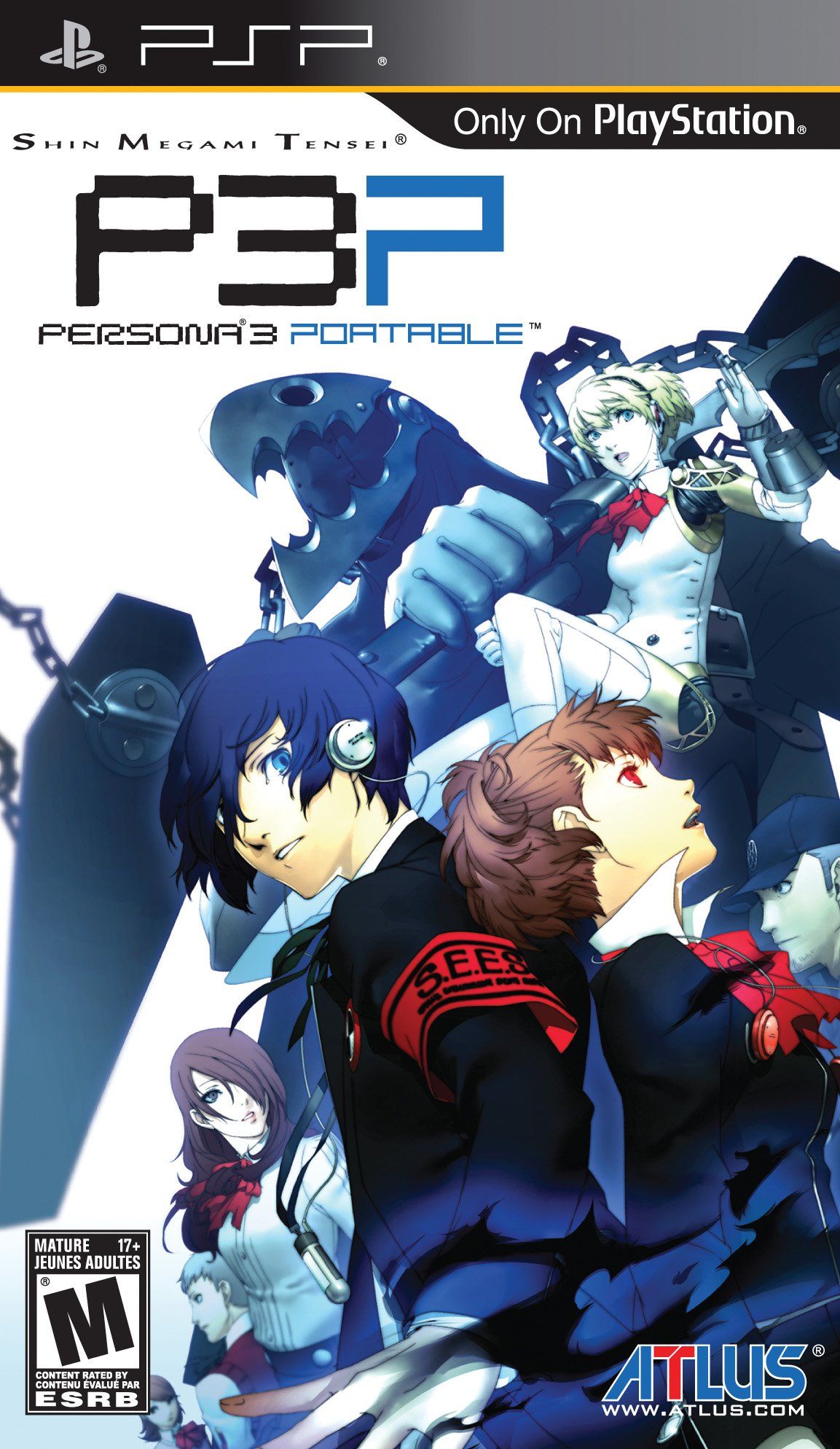 The protagonists and other characters on the cover of Persona 3 Portable