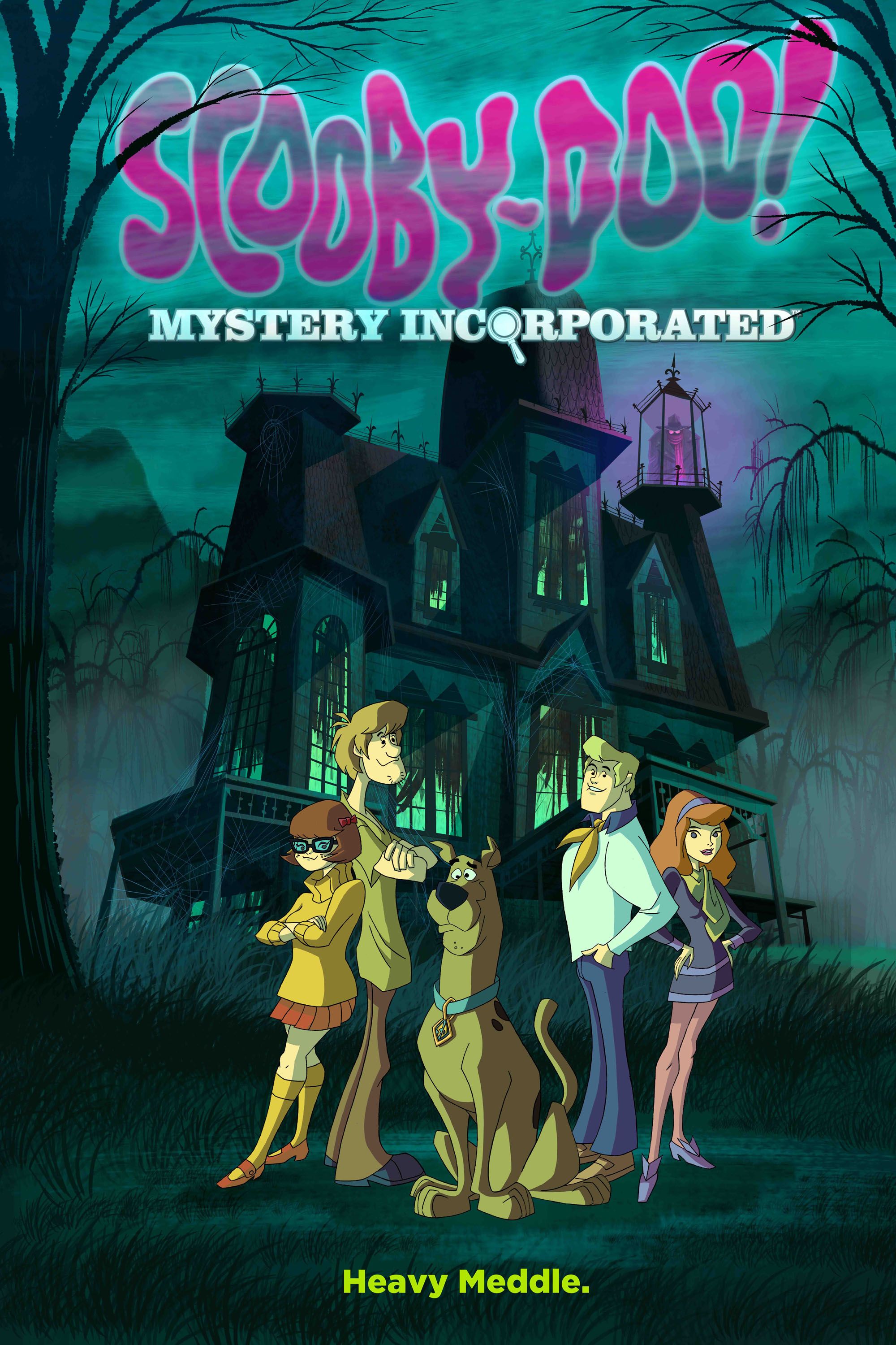 The Scooby Gang stands in front of a haunted house in Scooby Doo! Mystery Incorporated