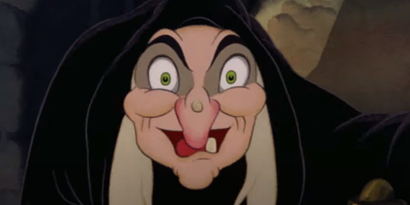 The witch speaks to the camera in Snow White.