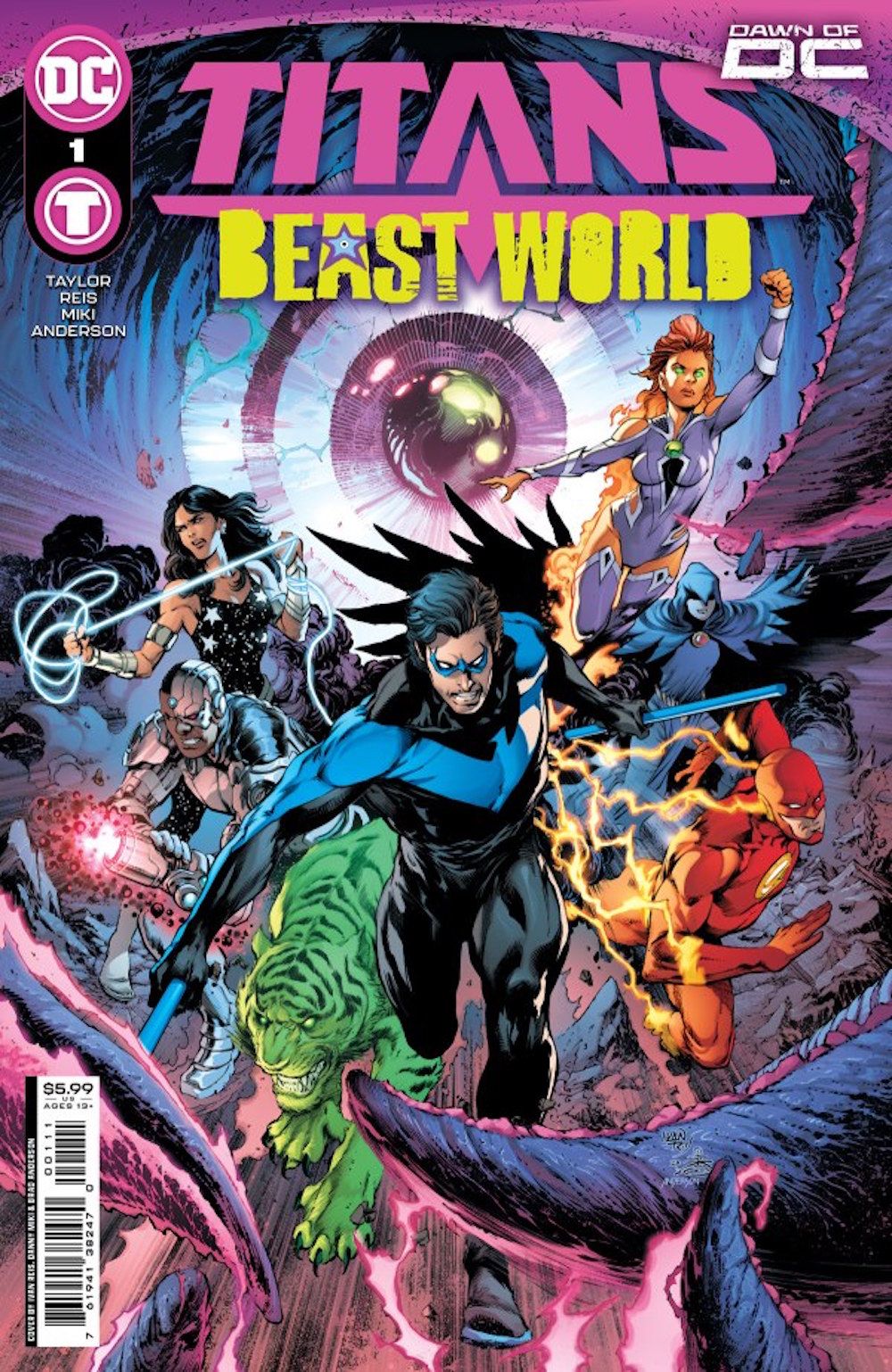 Titans: Beast World #1 cover showing the Titans rushing in as Necrostar's eye watches ominously.