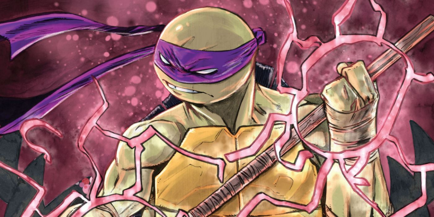 Donatello segurando seu bastão rodeado de energia