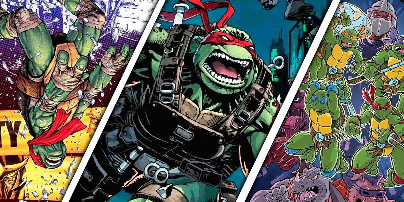 A split image of action scenes from multiple Teenage Mutant Ninja Turtles comics